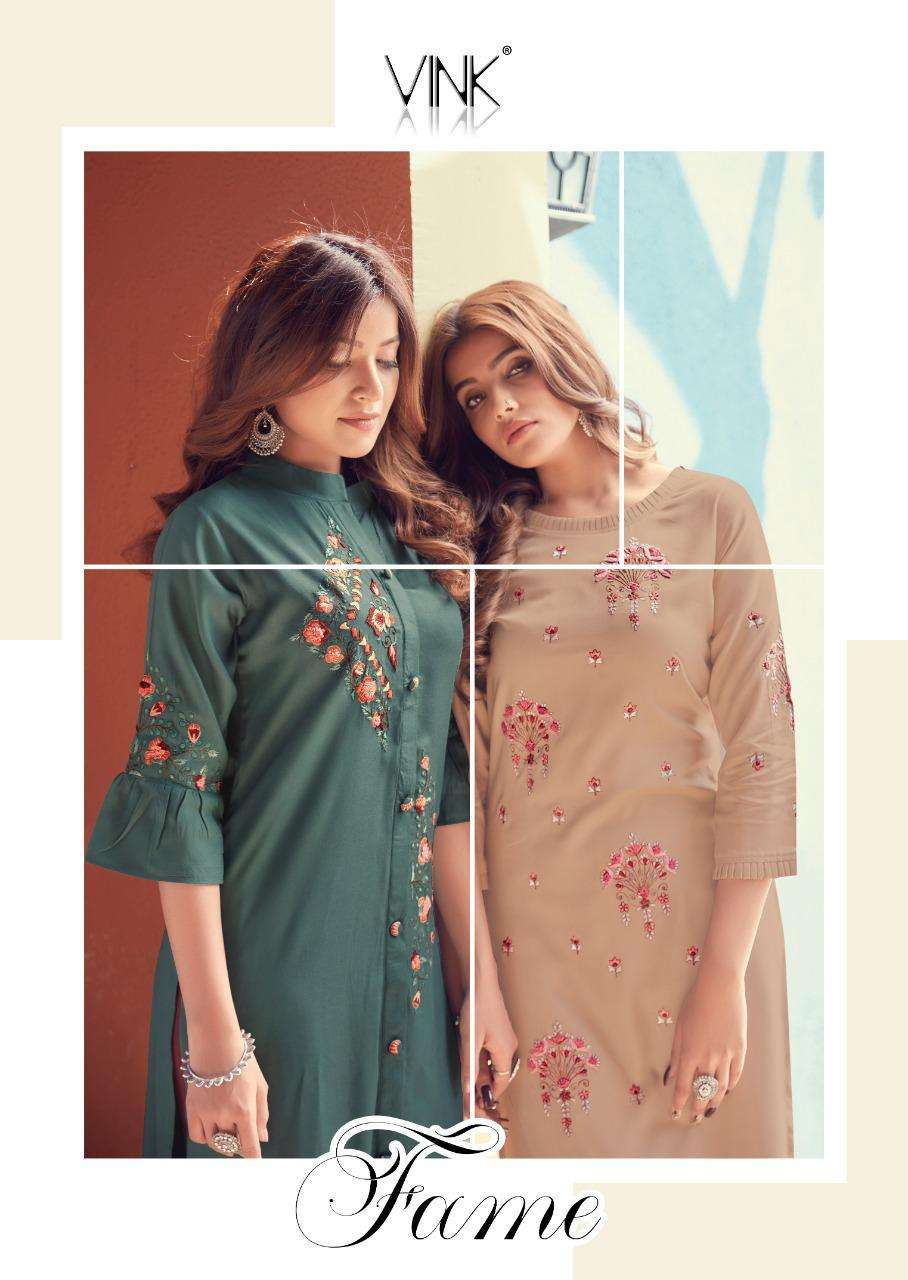 VINK PRESENTS FAME PREMIUM RAYON COTTON WITH HANDWORK AND EMBROIDERY KURTI WITH PENT